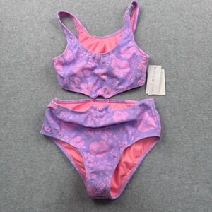 Beach Lingo Swimsuit Girls 10 One Piece Floral Purple Pink Hibiscus O Ring